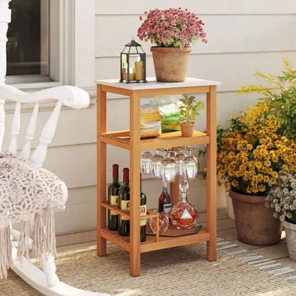 Three-Tier Patio Bar Cabinet  Faux Marble Countertop Serving Table for Outdoor Entertaining