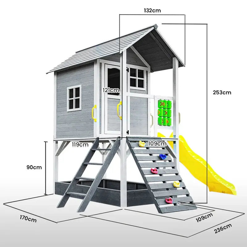ROVO Wooden Tower Cubby House with Slide, Sandpit, Climbing Wall, and Tic-Tac-Toe Panel