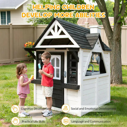 CocluB Wooden Kids’ Playhouse  Outdoor Pretend Play Structure for Ages 48 with Functional Doorbell, Toy Phone, Kitchen Set, and Bilingual Labeling
