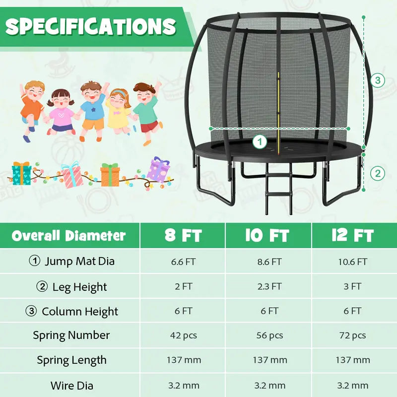8FT / 10FT / 12FT Outdoor Trampoline  400 lb Capacity Enclosed Recreational Bounce Platform