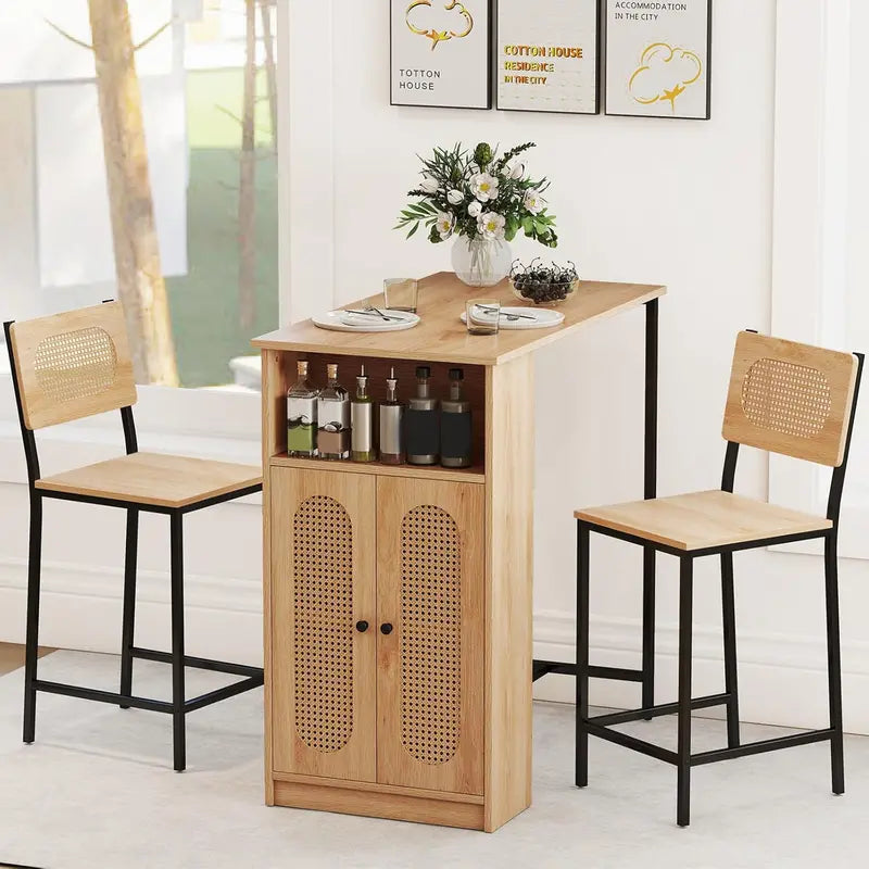 Bohemian Rattan 3-Piece Dining Set  Counter-Height Table + 2 Stools with Adjustable Shelving and Metal Frame