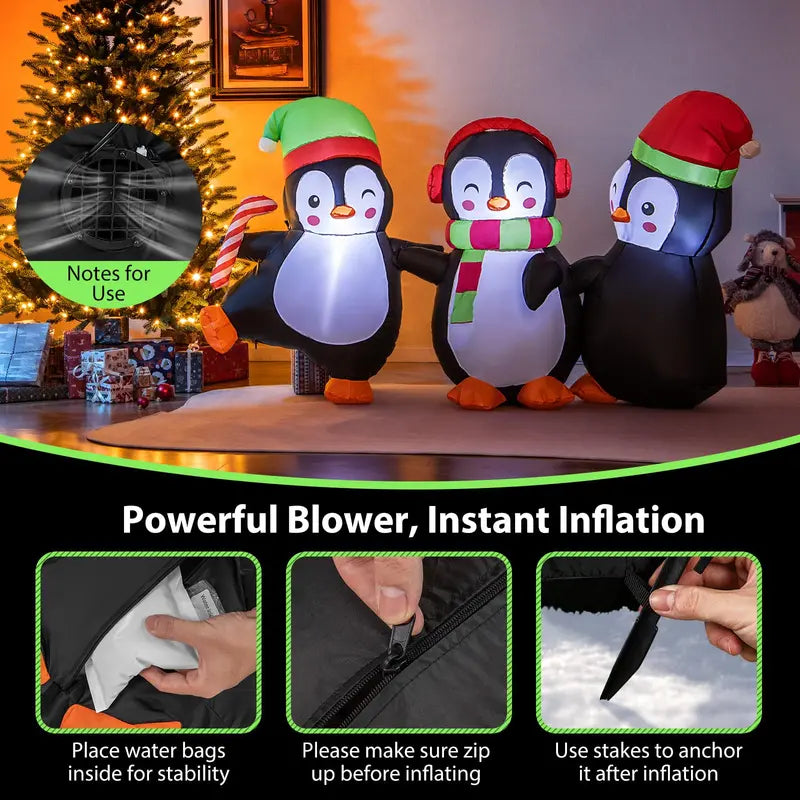 6-Foot Inflatable Penguin Family — LED-Lit Group Display with Interlocked Hands