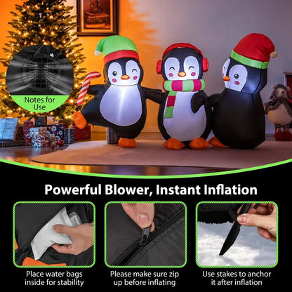 6-Foot Inflatable Penguin Family — LED-Lit Group Display with Interlocked Hands