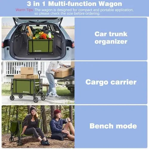 Collapsible 220lb Wagon Cart, 120L Foldable with Wheels for Groceries, Beach, Garden, Camping  Green