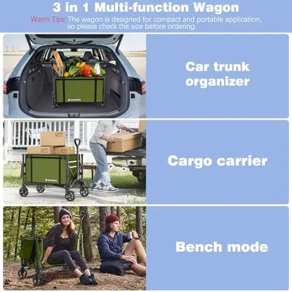 Collapsible 220lb Wagon Cart, 120L Foldable with Wheels for Groceries, Beach, Garden, Camping  Green