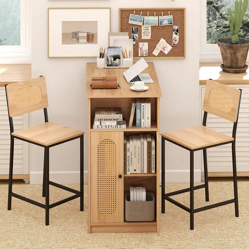 Bohemian Rattan 3-Piece Dining Set  Counter-Height Table + 2 Stools with Adjustable Shelving and Metal Frame