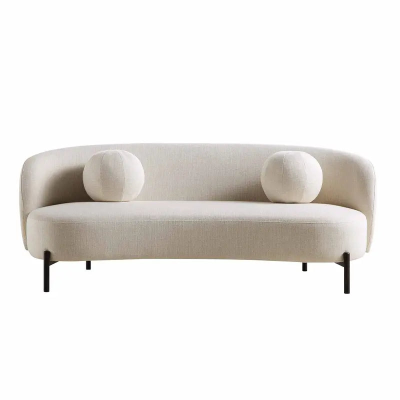 Curved 3-Seater Linen-Blend Sofa  Beige Contemporary Design with Decorative Ball Cushions