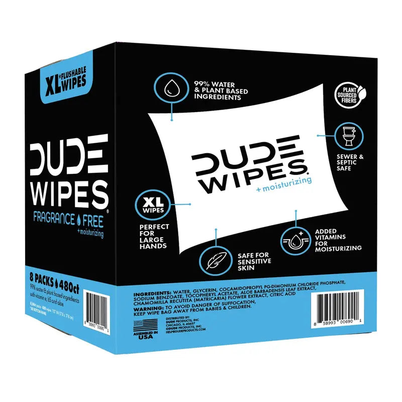 DUDE Wipes Fragrance-Free XL Flushable Cleansing Cloths  480 Count, Moisturizing Formula