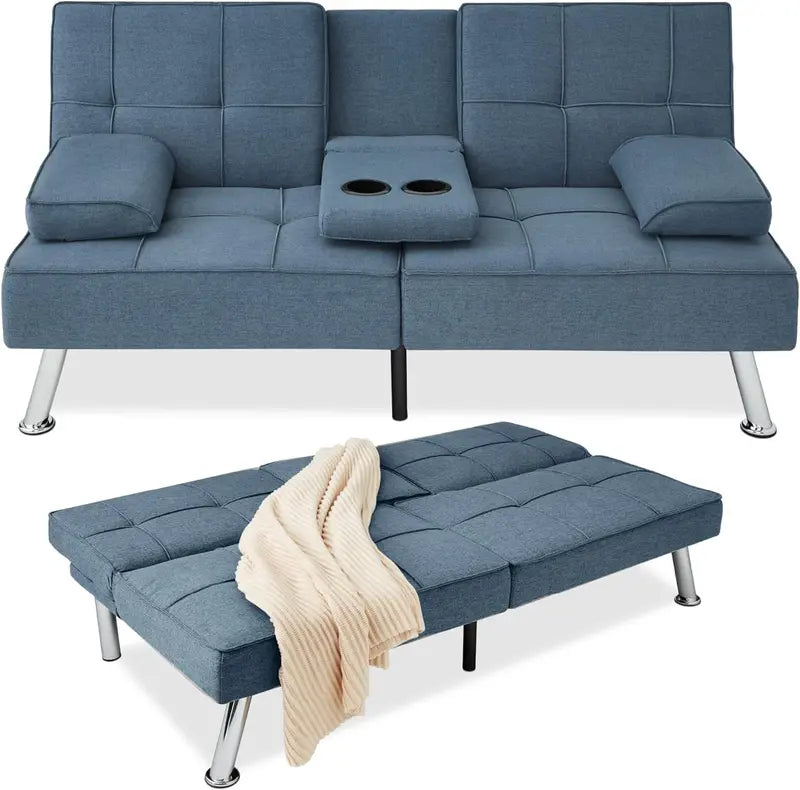 Compact Gray Linen Futon Sofa Bed  Foldable Modern Design with Detachable Armrests, Sturdy Metal Frame & Built-in Cup Holders