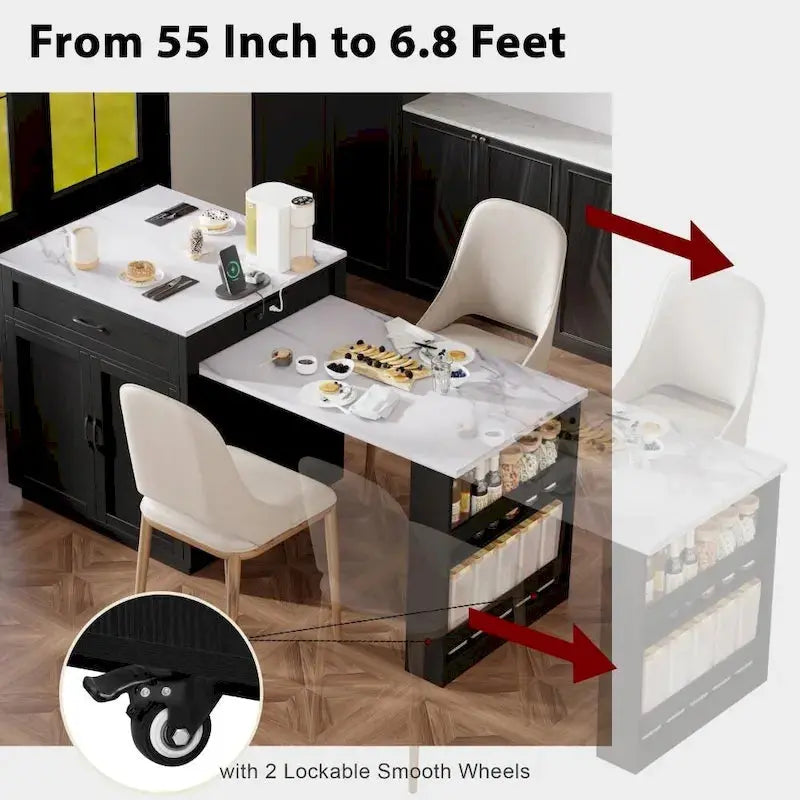 Wooden Extendable Kitchen Island for 46 People with Dual Storage Compartments