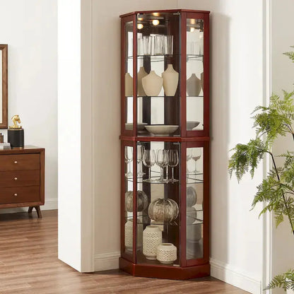 Cherry-Finished Corner Curio Cabinet  6-Tier Display Shelf with Interior Lighting & Adjustable Mirrored Back