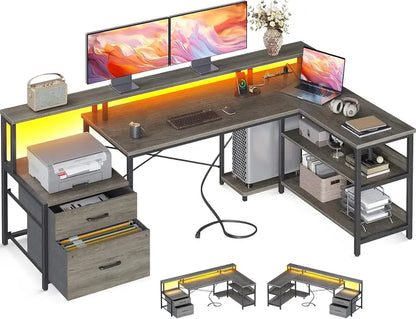 75-Inch Reversible L-Shaped Office Desk  Grey Oak Computer Desk with File Drawer, LED Strip & Monitor Shelf