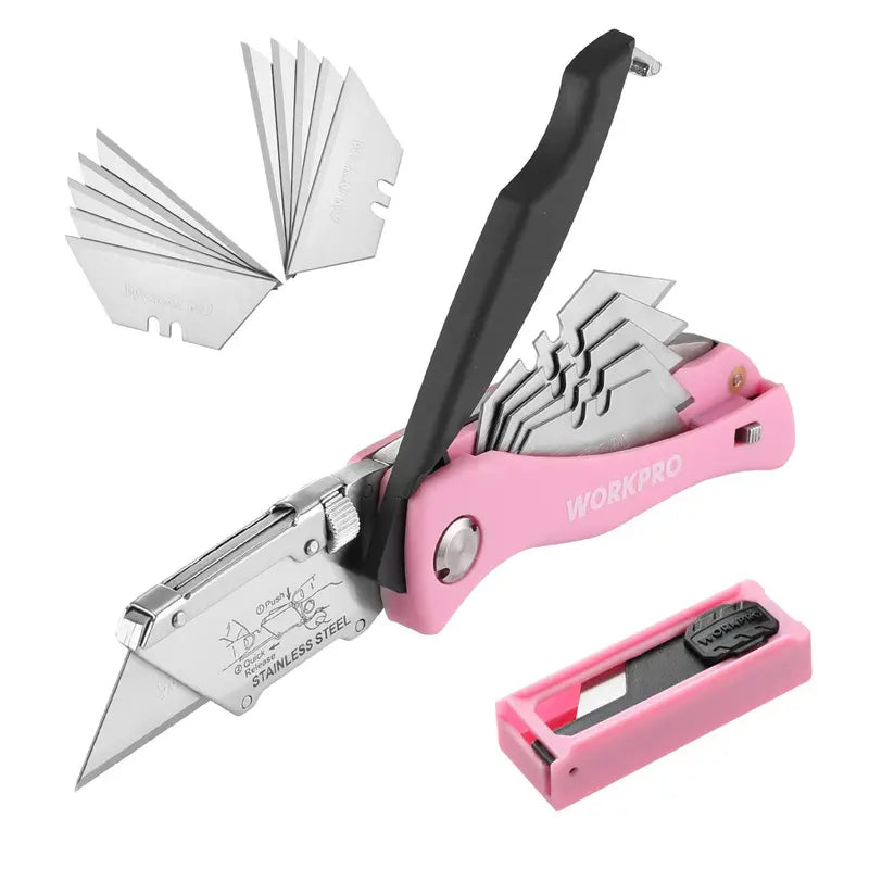 WORKPRO Pink Folding Utility Knife  Quick-Change Razor Blade Cutter with Pink Ribbon Design