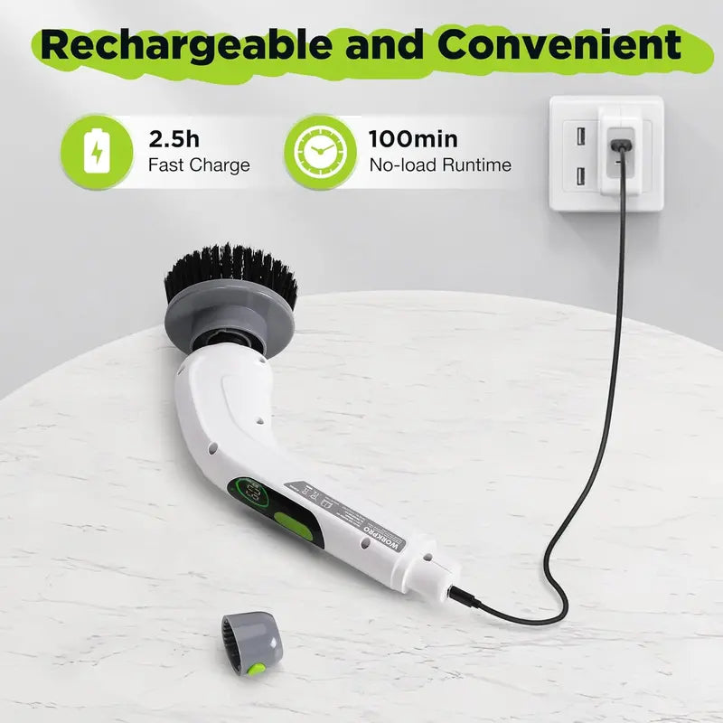 WORKPRO Cordless Spin Scrubber with Adjustable Handle, 3 Power Levels, and 8 Interchangeable Brush Heads
