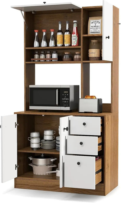 71-Inch Walnut Kitchen Pantry Hutch with Microwave Stand, Adjustable Shelving, 3 Drawers, and Spacious Countertop for Dining or Living Areas