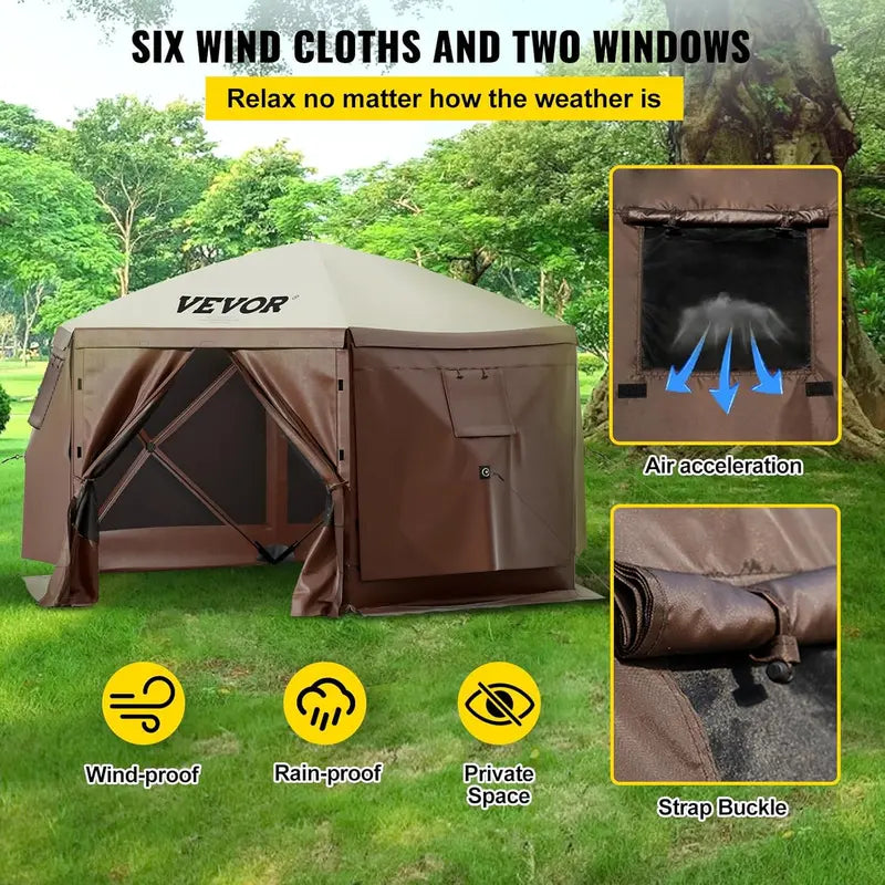 12′ x 12′ Hexagonal Camping Awning Tent — IPX3 Waterproof, Mesh Ventilation, Portable Storage Bag