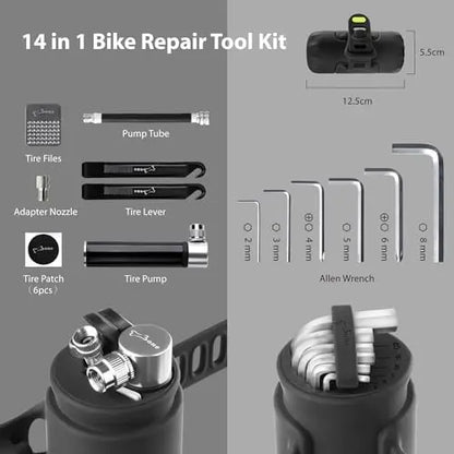 BONE 14-in-1 Portable Bike Repair Tool Kit with Tire Pump & Wrench for Mountain/Road Bikes