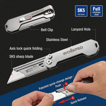 WORKPRO 3-Piece Folding Utility Knife Set  Compact Box Cutters with Quick-Change Blades