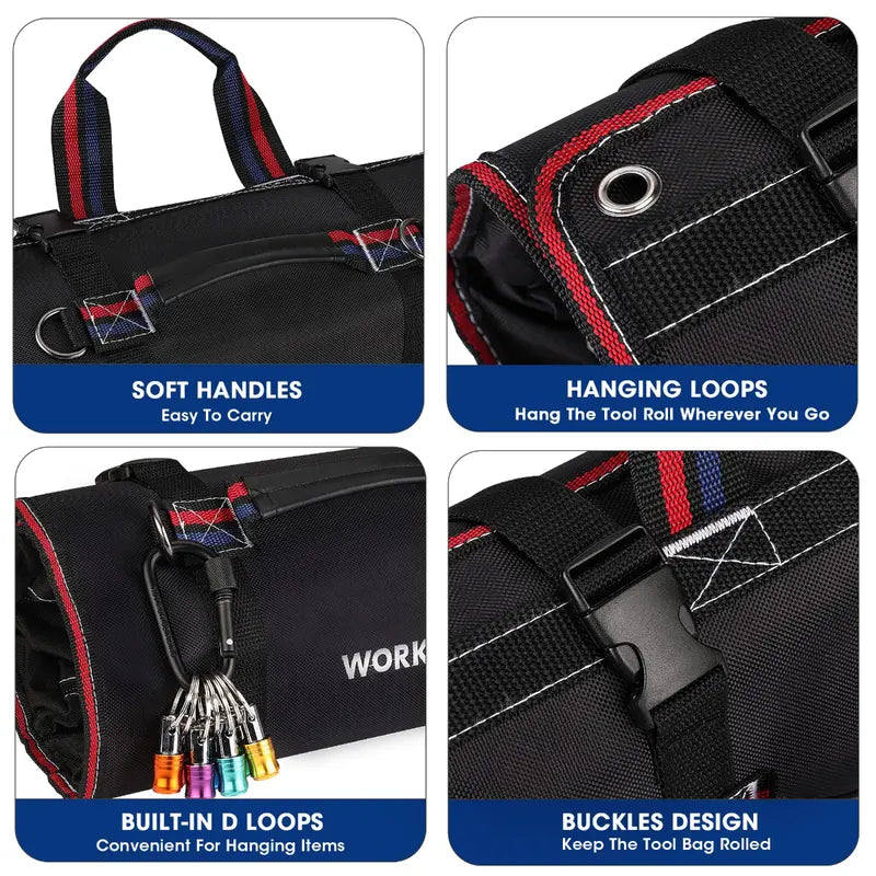WORKPRO Heavy-Duty Rolling Tool Organizer  6-Pocket Roll-Up Bag with Detachable Pouches