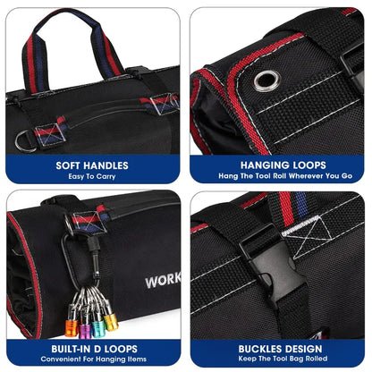 WORKPRO Heavy-Duty Rolling Tool Organizer  6-Pocket Roll-Up Bag with Detachable Pouches