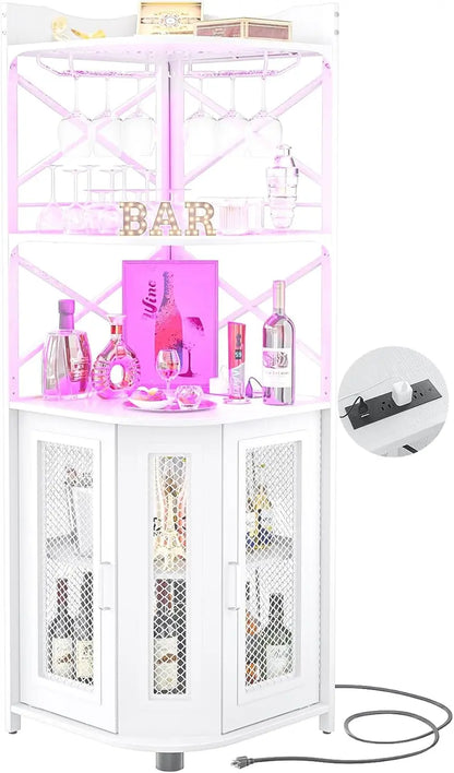 Aheaplus Industrial-Style Corner Bar Cabinet with LED Lighting, Power Outlet & Glass Rack  5-Tier White Oak Liquor Storage Unit for Compact Spaces