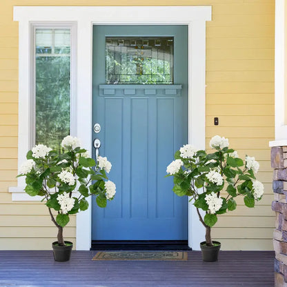 Set of 2 Artificial Hydrangea Trees  Lifelike 11-Bloom Arrangements in Plastic Nursery Pots