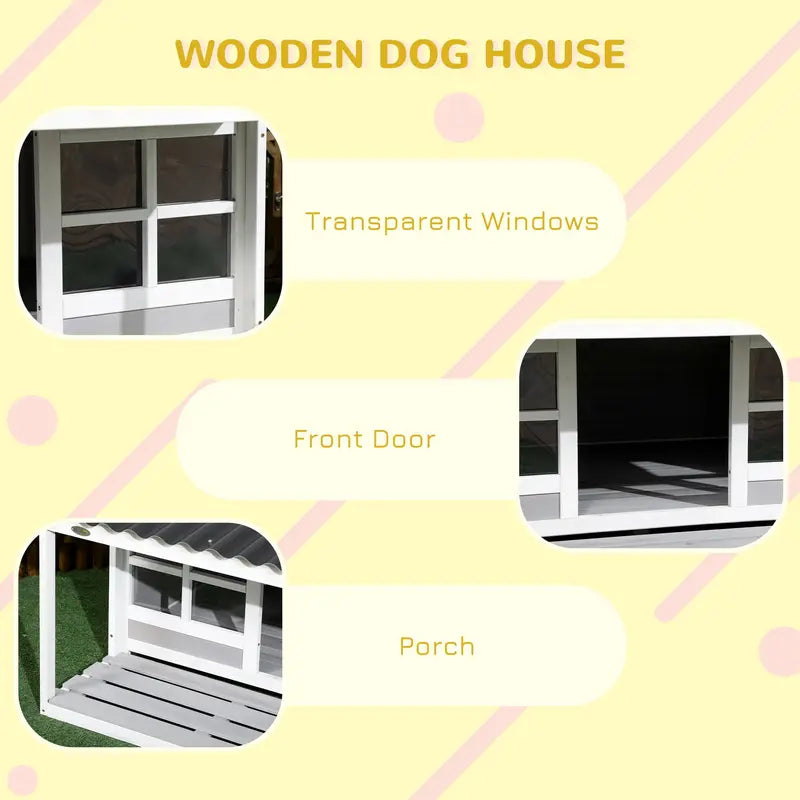 PawHut Wooden Dog House Outdoor with Porch, Cabin Style Raised Dog Shelter with PVC Roof, Front Door, Windows, for Large Medium Sized Dog