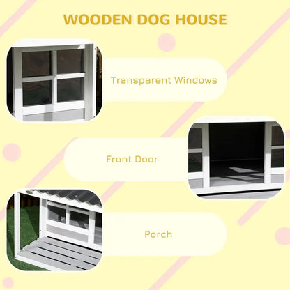 PawHut Wooden Dog House Outdoor with Porch, Cabin Style Raised Dog Shelter with PVC Roof, Front Door, Windows, for Large Medium Sized Dog