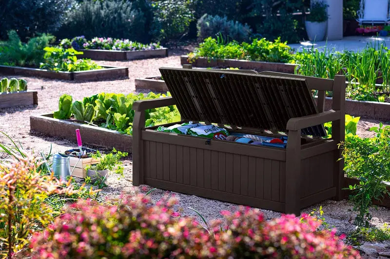 Keter Solana 70-Gallon Outdoor Storage Bench  Weather-Resistant Deck Box for Patio, Garden Tools & Pool Toys