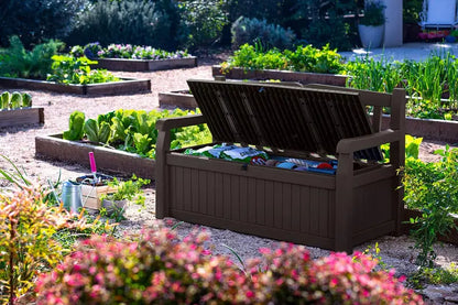 Keter Solana 70-Gallon Outdoor Storage Bench  Weather-Resistant Deck Box for Patio, Garden Tools & Pool Toys