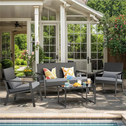 Ahomly 4-Piece Gray Wicker Patio Set  Deep-Seating Outdoor Sofa with Table for Balcony or Backyard