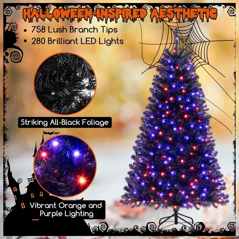 6-8 ft Black Pre-Lit Halloween Tree  Hinged Decorative Tree with 280500 Orange & Purple LED Lights