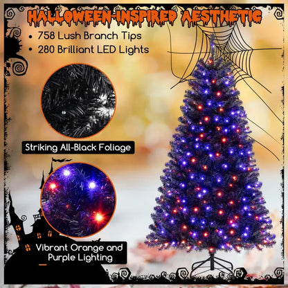 6-8 ft Black Pre-Lit Halloween Tree  Hinged Decorative Tree with 280500 Orange & Purple LED Lights