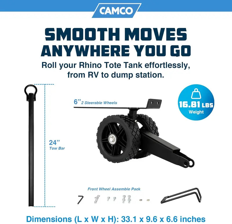 Camco Rhino Steerable Wheel Kit for 28/36-Gallon RV Tote Tanks  No-Flat Wheels & 24″ Tow Bar