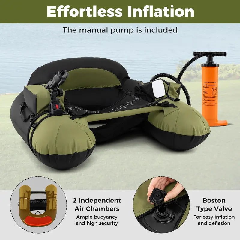 Reinforced Inflatable Float Tube for Anglers Featuring Rod Holder and Durable Construction