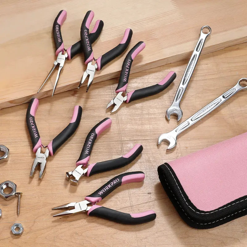 WORKPRO 6-Piece Mini Pliers Set in Pink Ribbon Pouch