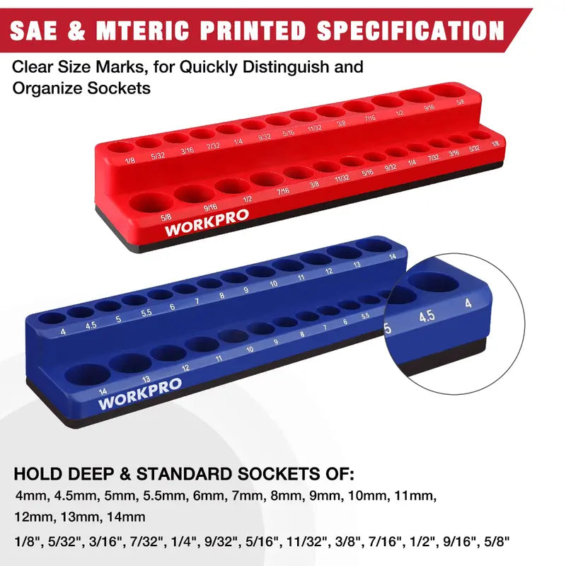 WORKPRO Magnetic Socket Organizer Set: 1/4″, 3/8″, and 1/2″ Drive Sizes