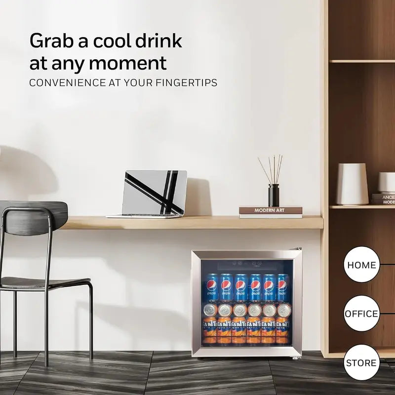 115-Can Beverage Refrigerator  Glass-Door Mini Fridge with Adjustable Shelving for Bar or Office