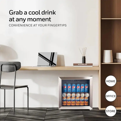 115-Can Beverage Refrigerator  Glass-Door Mini Fridge with Adjustable Shelving for Bar or Office