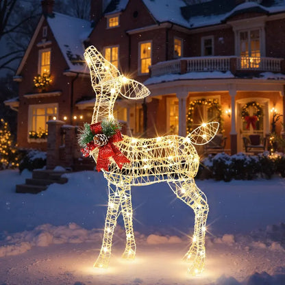 Pre-Lit Baby Reindeer Decoration  Lighted Holiday Figurine with 50 Warm White LEDs & Festive Red Bow