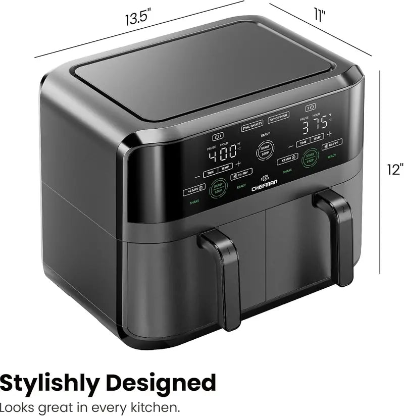 Chefman 6-Quart Dual-Basket Digital Air Fryer  Touchscreen Control, Independent 3-Quart Baskets, Smart Sync Finish & Auto Shut-Off