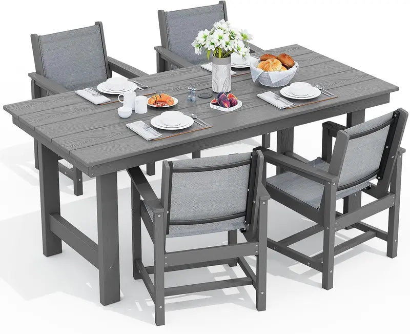 SERWALL 7-Piece Blue HDPE Outdoor Dining Set with Umbrella Hole and Stackable Chairs