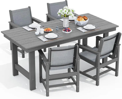 SERWALL 7-Piece Blue HDPE Outdoor Dining Set with Umbrella Hole and Stackable Chairs