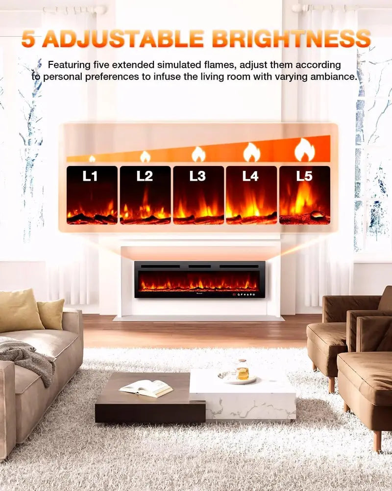 60-Inch Wall-Mounted Electric Fireplace  Realistic Flame Effect Heater with Touchscreen, Remote, Timer & Log/Crystal Media, 7501500W Output