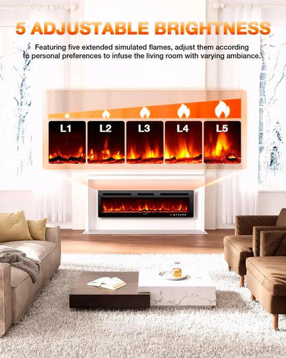 60-Inch Wall-Mounted Electric Fireplace  Realistic Flame Effect Heater with Touchscreen, Remote, Timer & Log/Crystal Media, 7501500W Output