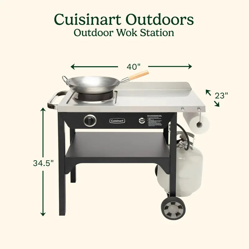 Cuisinart Outdoor Wok Station — 50,000 BTU Propane Wok Burner with Prep Table and 14-Inch Carbon Steel Wok