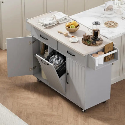 White Rotating Kitchen Island Cart  Foldable-Leg Trolley with Trash Bin, Towel Bar, Drawers, and Internal Shelves