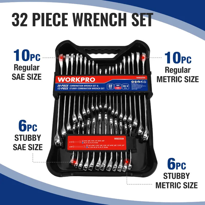 WORKPRO 32-Piece SAE & Metric Combination Wrench Set  12-Point Regular & Stubby Styles