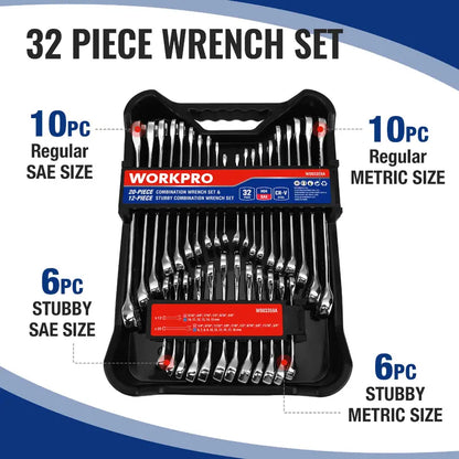 WORKPRO 32-Piece SAE & Metric Combination Wrench Set  12-Point Regular & Stubby Styles
