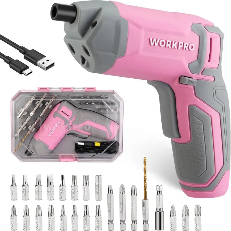 WORKPRO 3.6V Cordless Eccentric Screwdriver Kit — 24-Bit Set with Carry Case, Pink Ribbon Edition